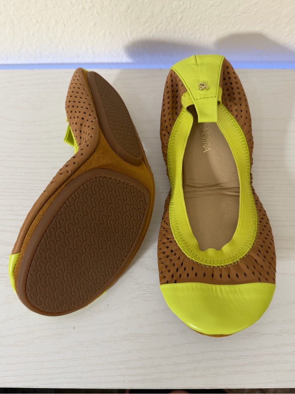 Yosi Samra Samantha foldable ballet flats brown & neon yellow perforated leather